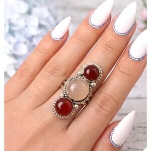 Carnelian & Rose Quartz Ring, Size 9, Three Stone OOAK Sterling Silver 925